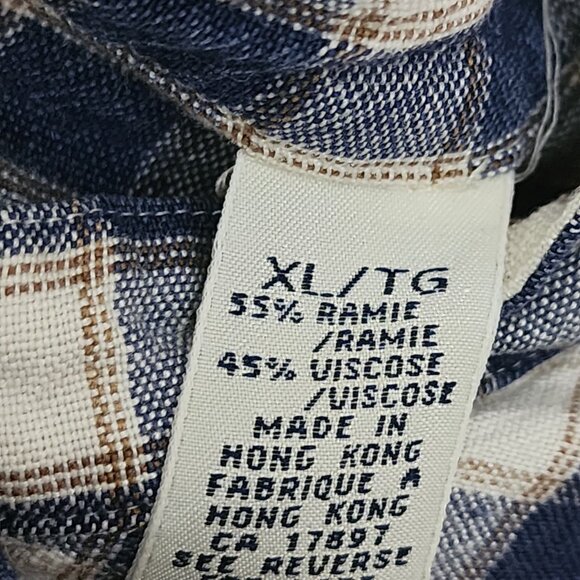 GAP Navy Checks 55% Ramie Blend Button Front Band Collar Shirt - Picture 5 of 5